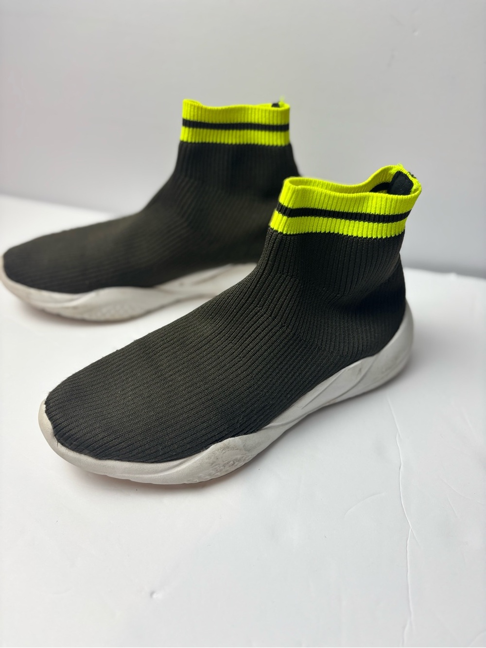 Zara Black Knit Sock Sneakers with Neon Yellow Stripe